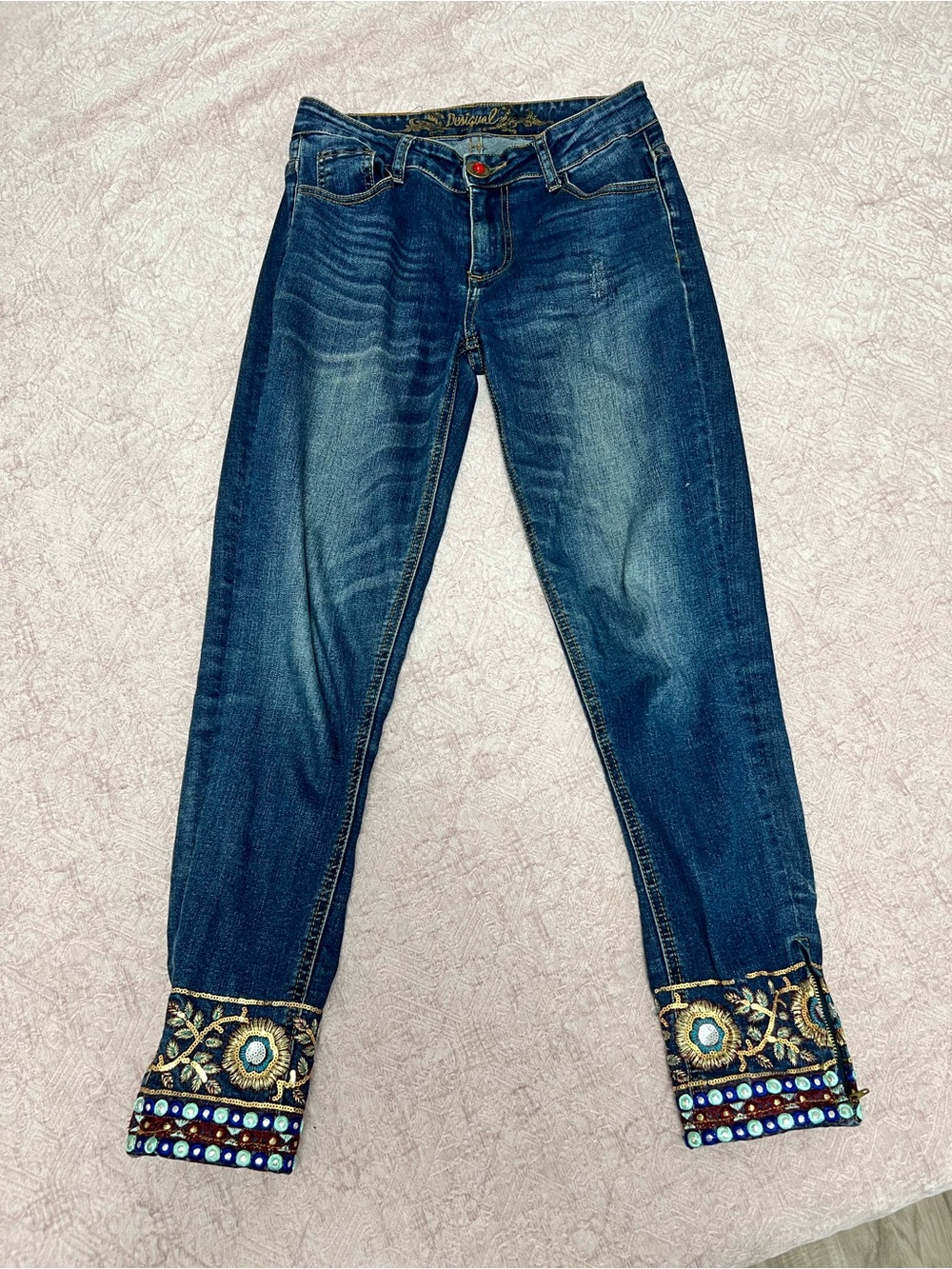 Desigual Dark Blue Ankle Jeans with Embroidered Bead Cuffs